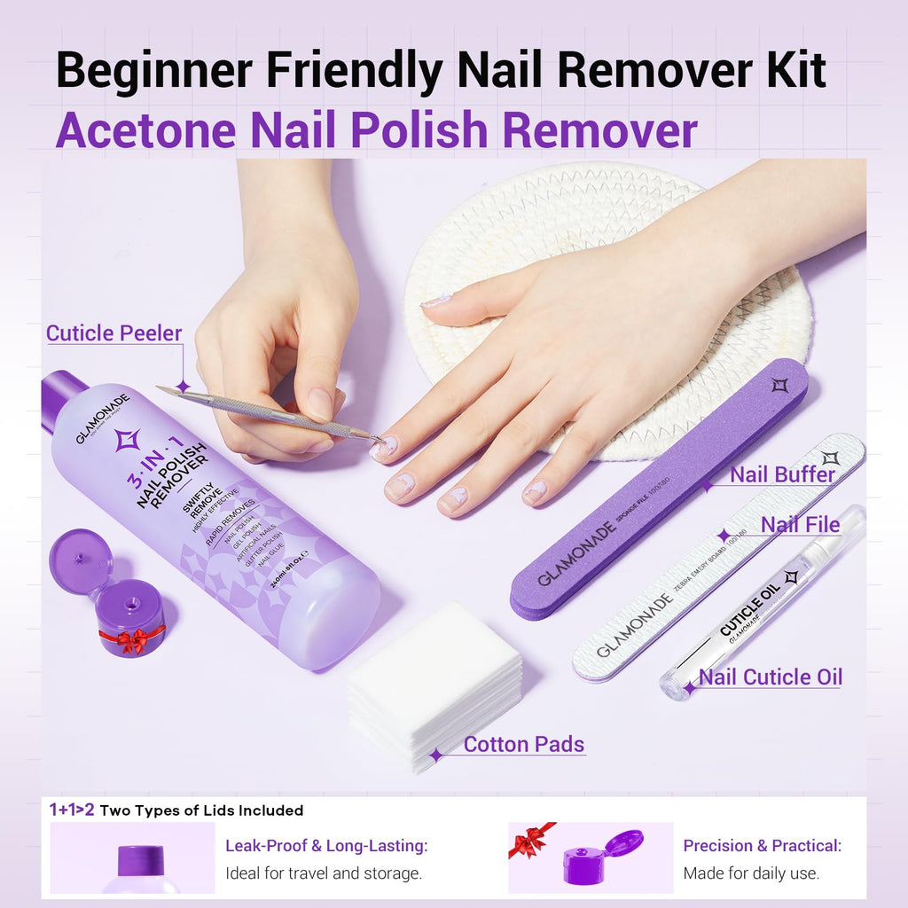 Glamonade Acetone Nail Polish Remover Kit – Gel Polish, Acrylic & Dip Powder Removal (8 oz)