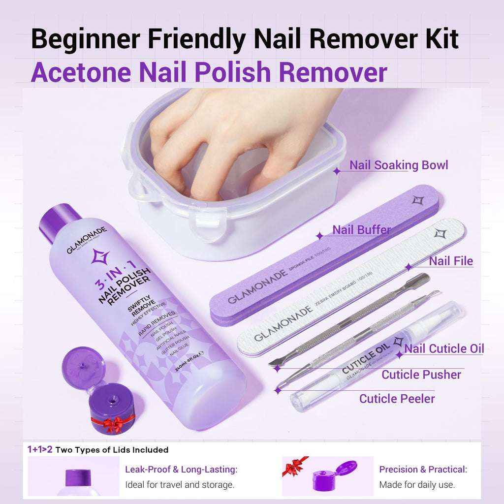 Glamonade Acetone Nail Polish Remover Kit | Gel Removal Kit with Tools & Cuticle Oil