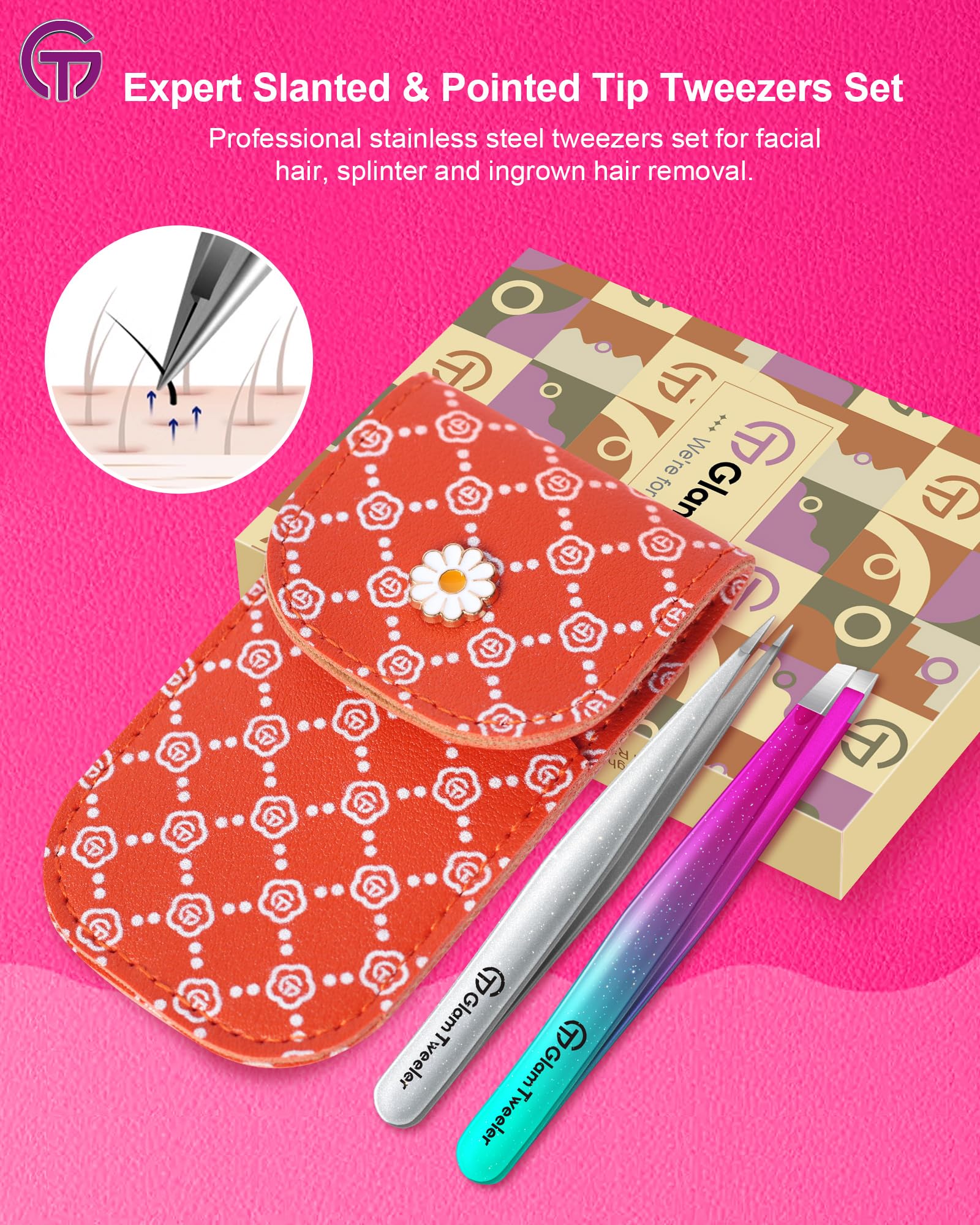 GlamTweeler Expert Slant & Point Tweezer Set with Travel Case - Precision Eyebrow & Facial Hair Tools