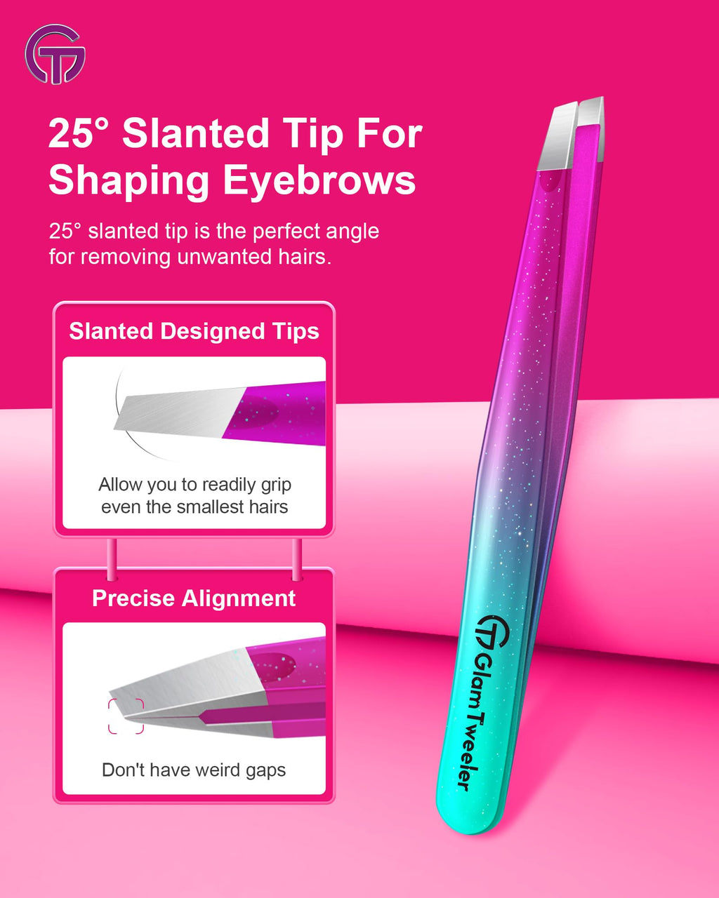 GlamTweeler Expert Slant & Point Tweezer Set with Travel Case - Precision Eyebrow & Facial Hair Tools