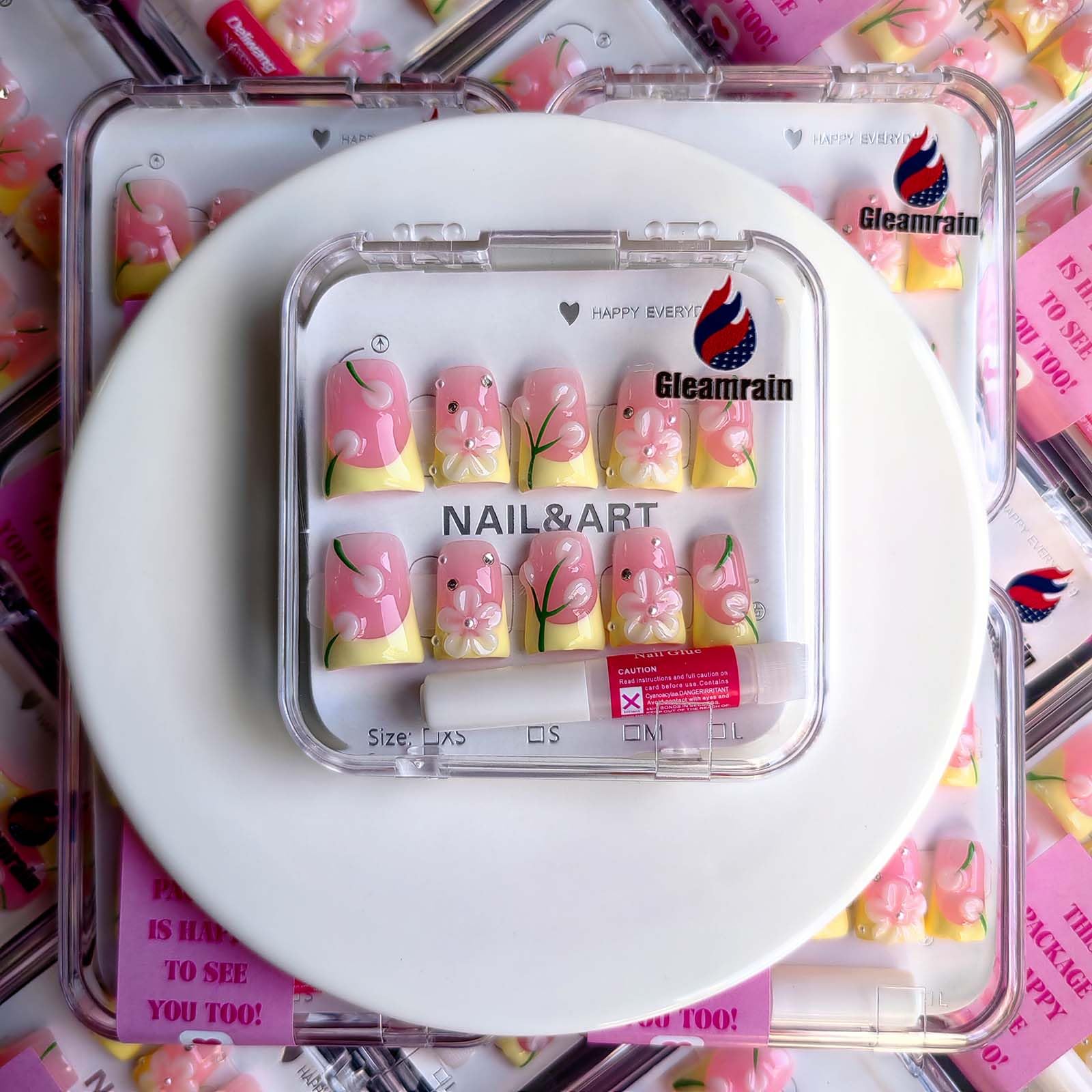 Gleamrain Pink Press On Nails – Handmade Duck Glue-On, Yellow French Tip, 3D Floral Design | 10pc, Size M
