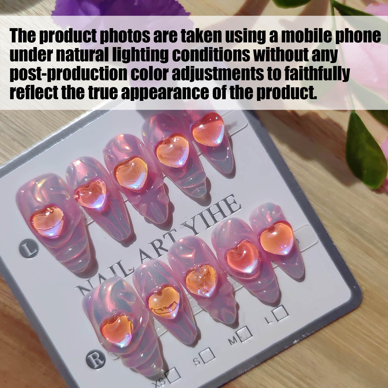 Gleamrain Handmade Press-On Nails – Pink Almond Shape (M), Heart Design, 10 Pcs
