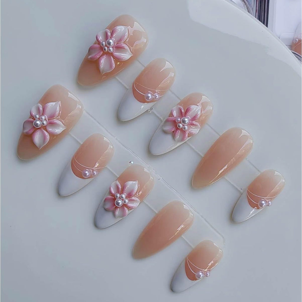 Gleamrain Almond Press-On Nails – Medium Handmade French Tip with Floral Pearl Design (Cherry Blossom Pink) – 10pcs M