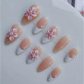 Gleamrain Almond Press-On Nails – Medium Handmade French Tip with Floral Pearl Design (Cherry Blossom Pink) – 10pcs M