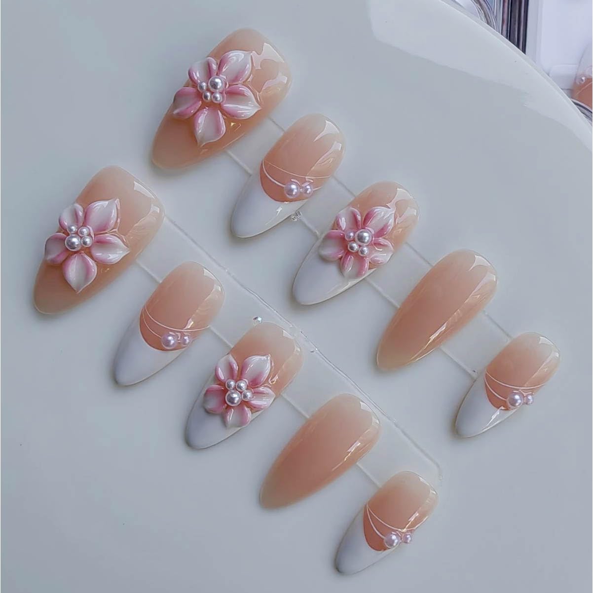 Gleamrain Almond Press-On Nails – Medium Handmade French Tip with Floral Pearl Design (Cherry Blossom Pink) – 10pcs M