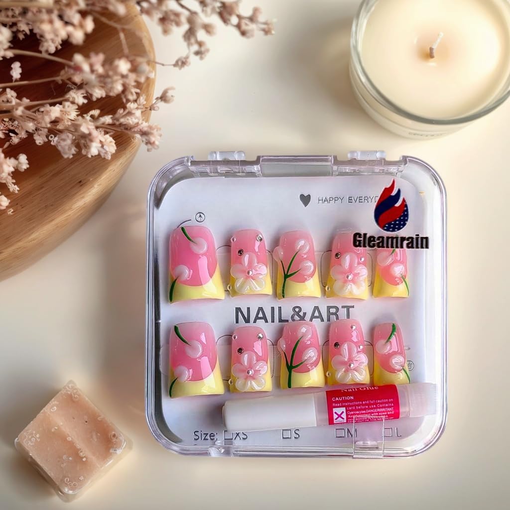 Gleamrain Pink Press On Nails – Handmade Duck Glue-On, Yellow French Tip, 3D Floral Design | 10pc, Size M