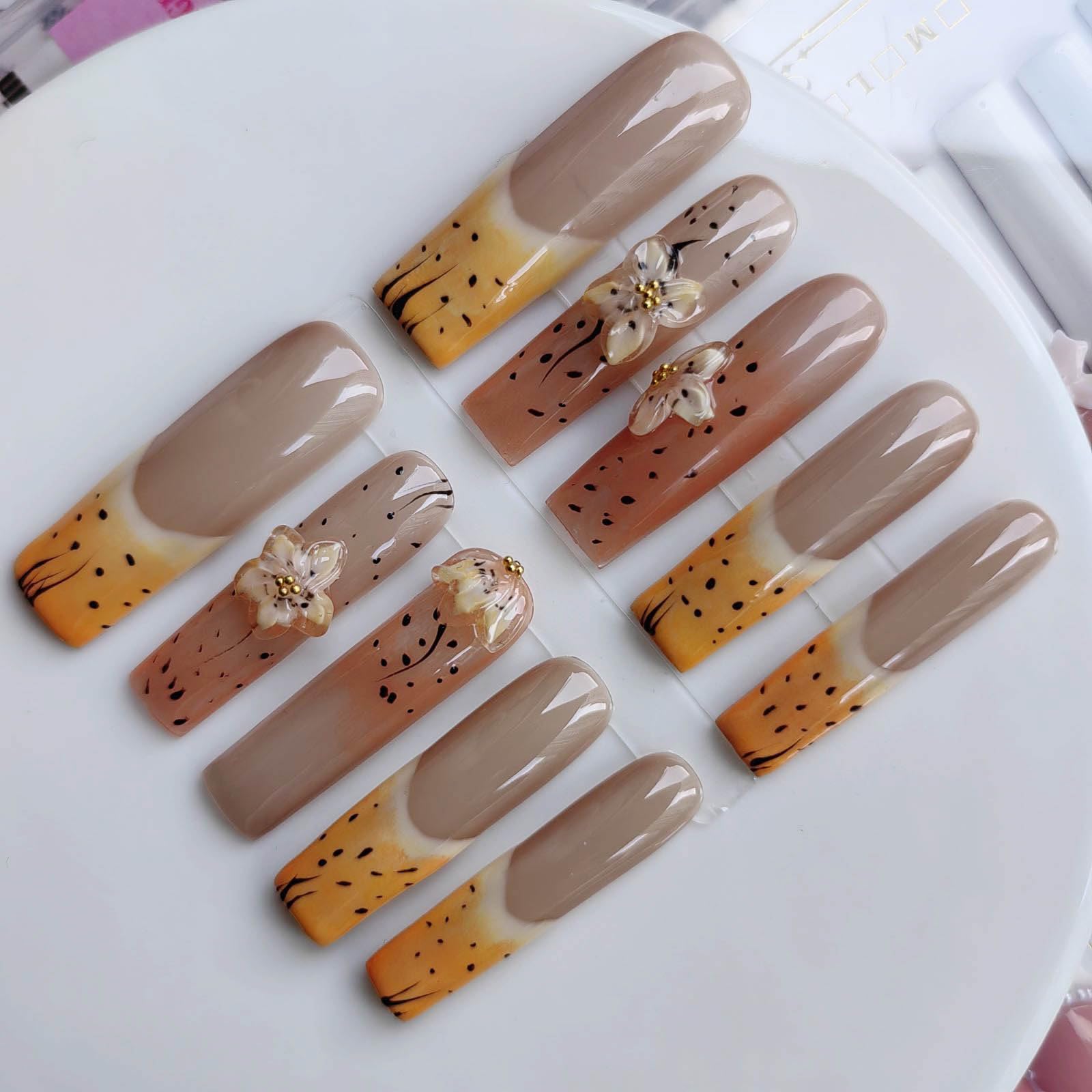 Gleamrain Extra Long Square Press-On Nails – Yellow Flower Design, 10pcs, Size M, Pattern 1101