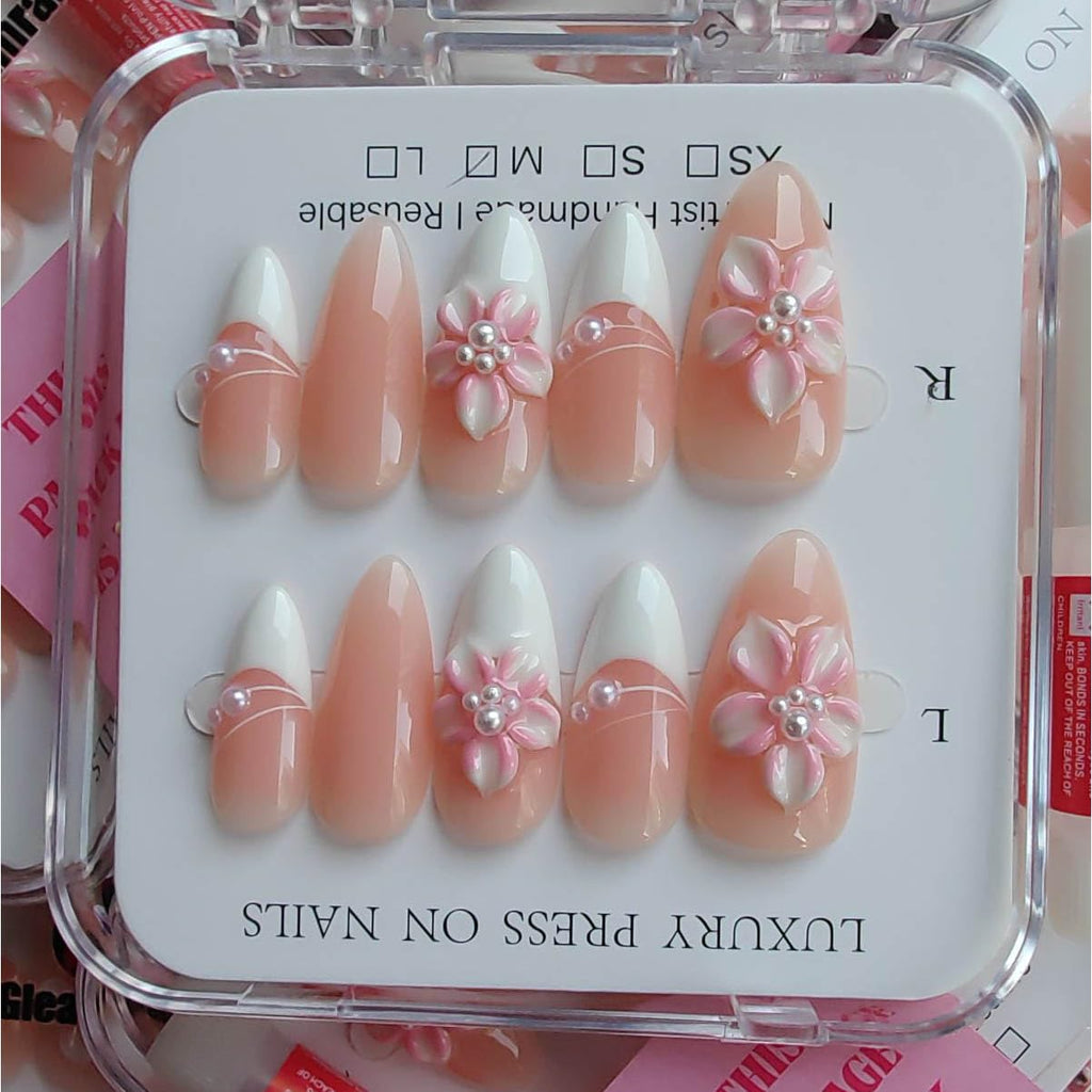 Gleamrain Almond Press-On Nails – Medium Handmade French Tip with Floral Pearl Design (Cherry Blossom Pink) – 10pcs M