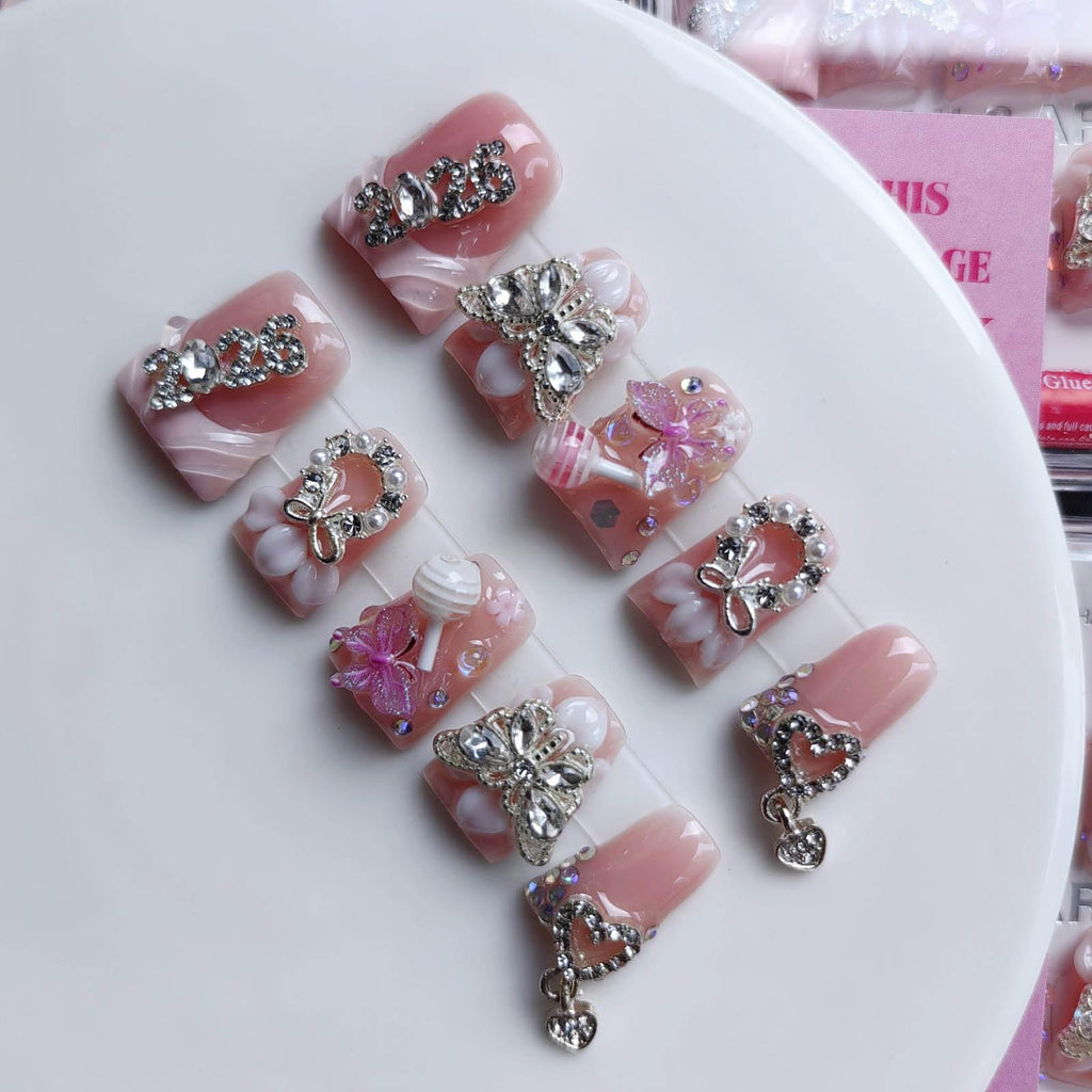 Gleamrain Duck Shape Pink Handmade Press-On Nails – Flower & 3D Butterfly Design (10pcs, M)