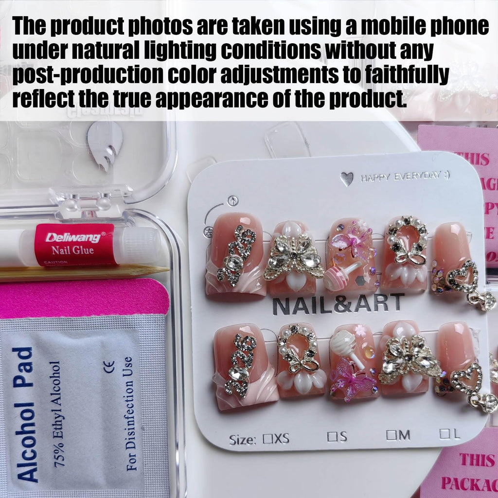 Gleamrain Duck Shape Pink Handmade Press-On Nails – Flower & 3D Butterfly Design (10pcs, M)