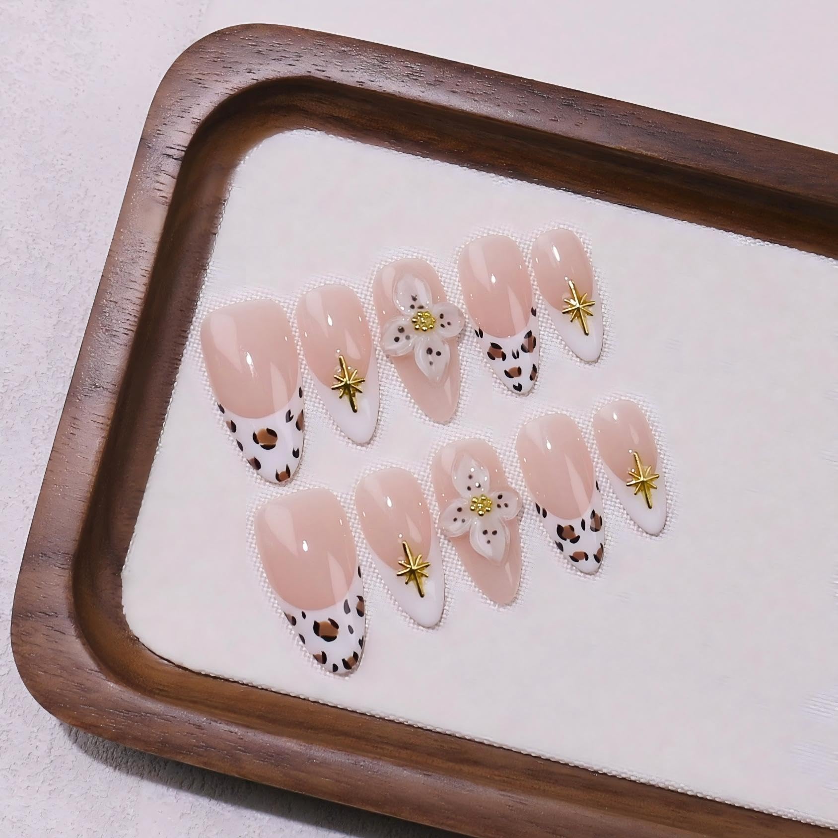 Gleamrain Luxury Handmade Press-On Nails – Almond Shape, M Size, 10Pcs with Floral 3D Design