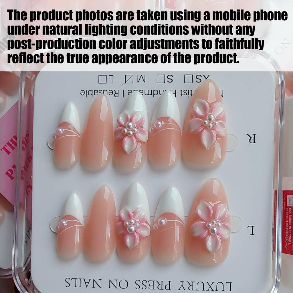 Gleamrain Almond Press-On Nails – Medium Handmade French Tip with Floral Pearl Design (Cherry Blossom Pink) – 10pcs M