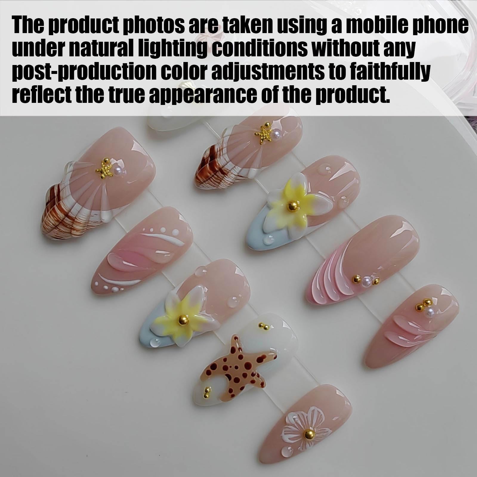 Gleamrain Handmade Almond Medium Press-On Nails – Nude with 3D Flowers & Starfish (10 Pcs)