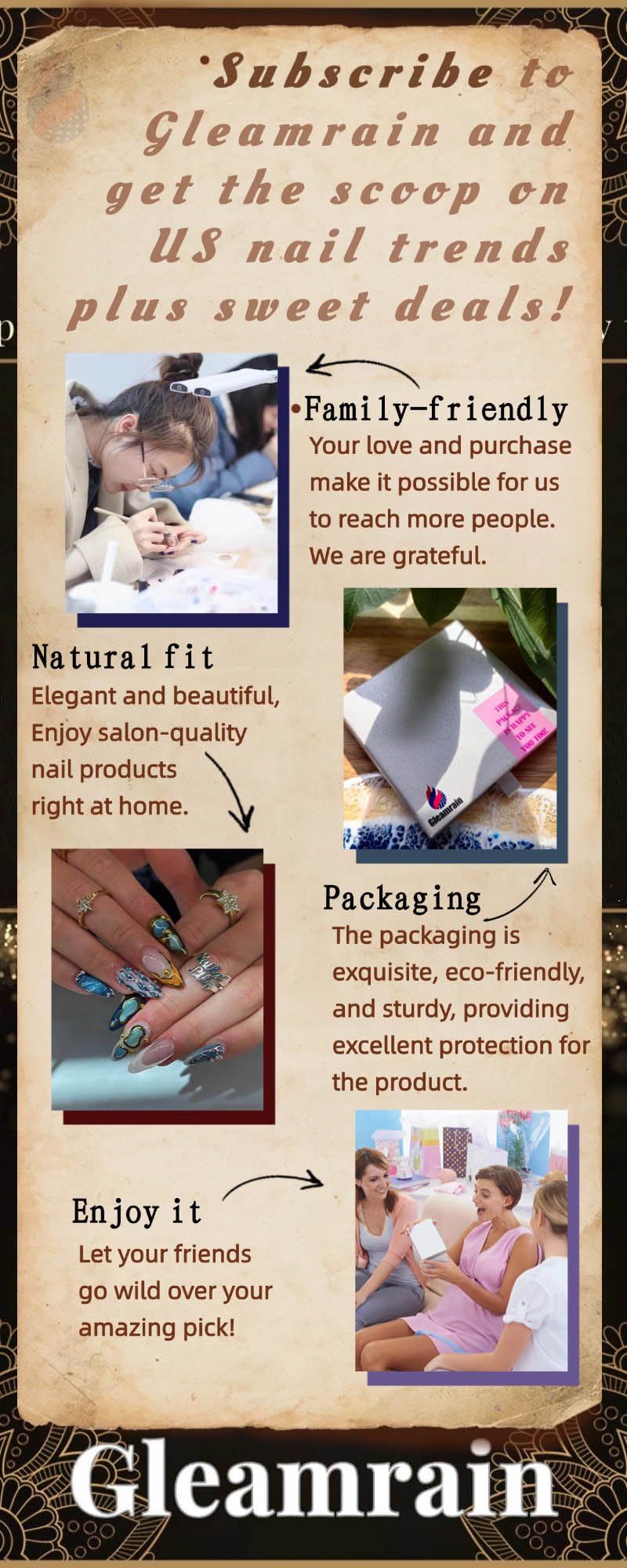 Gleamrain Handmade Almond Press-On Nails – 10Pcs Luxury Floral Design for Women | P02