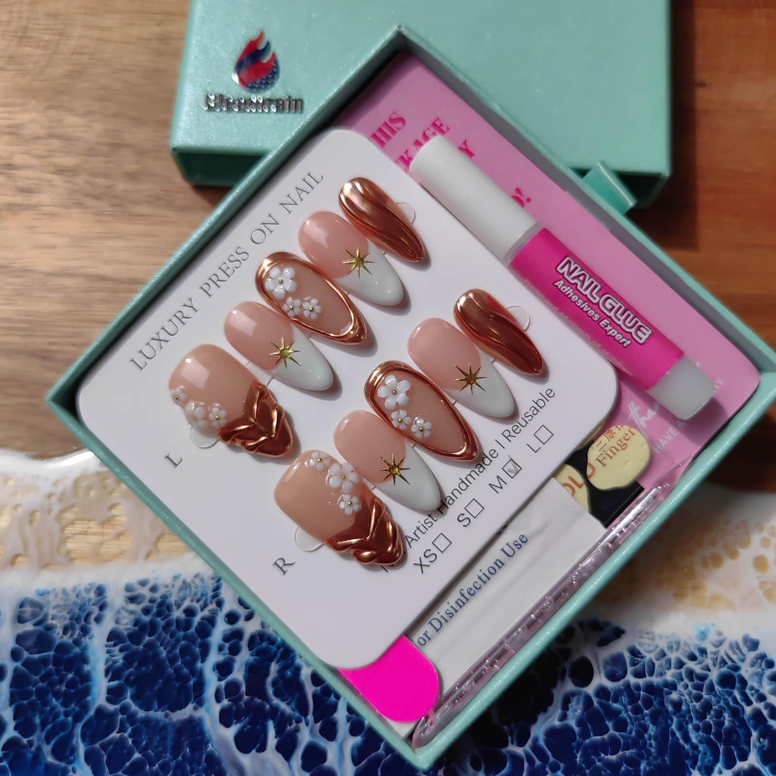 Gleamrain Almond Shape Press-On Nails – 10 Pcs, Medium (M) | Floral Design