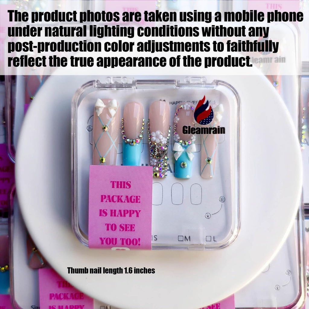 Gleamrain XL Long Press-On Nails – Handmade Square Nails with Floral Pattern, 10pcs, Size M (1102)