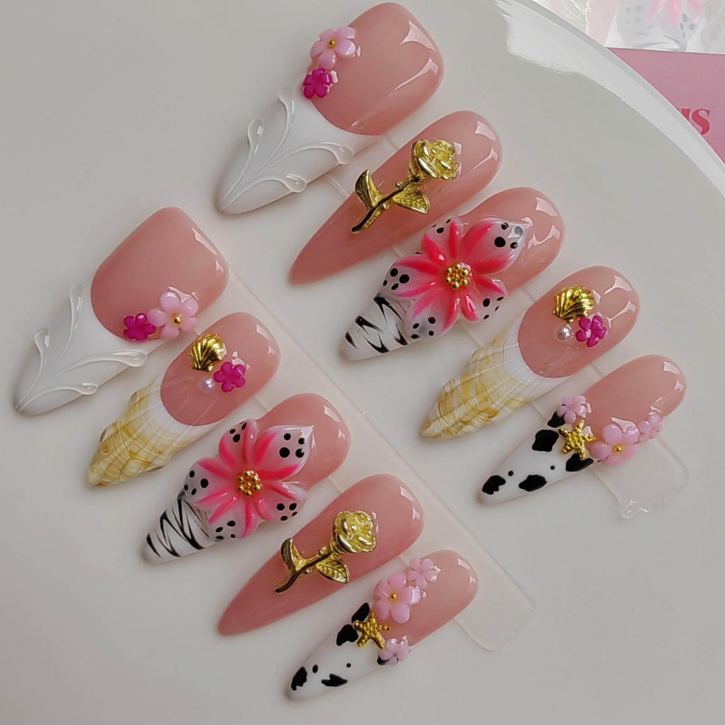 Gleamrain Nude Handmade Press-On Nails – Almond Long, French Tips, Shell & 3D Flower
