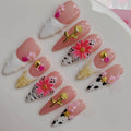 Gleamrain Nude Handmade Press-On Nails – Almond Long, French Tips, Shell & 3D Flower
