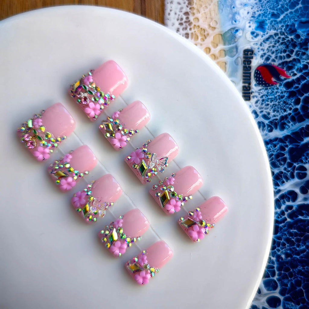Gleamrain Pink Press-On Nails – Duck Design with 3D Flowers & Rhinestones, 10pcs, Size M