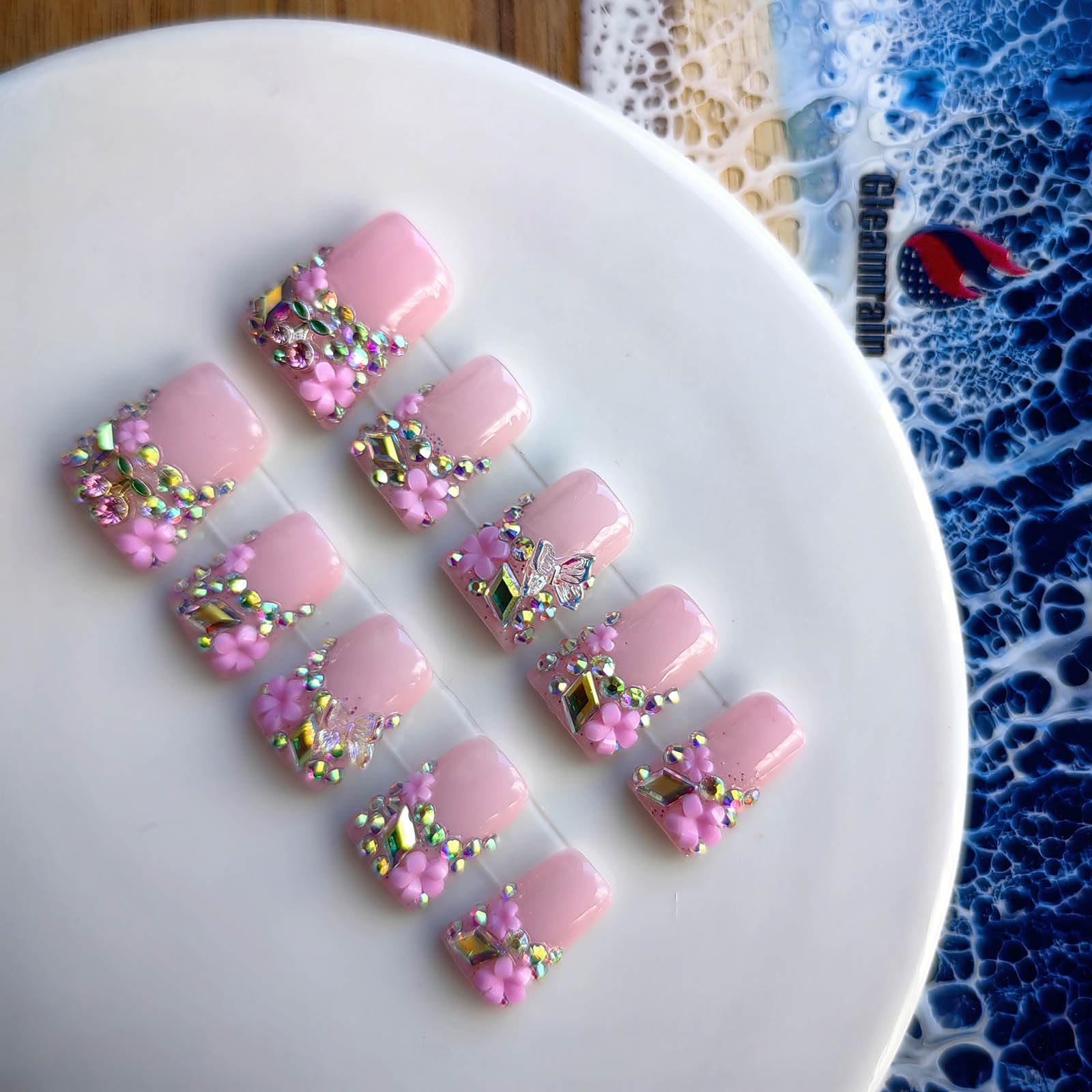 Gleamrain Pink Press-On Nails – Duck Design with 3D Flowers & Rhinestones, 10pcs, Size M