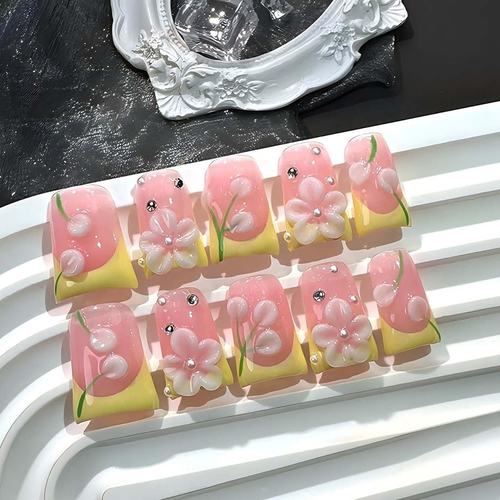 Gleamrain Pink Press On Nails – Handmade Duck Glue-On, Yellow French Tip, 3D Floral Design | 10pc, Size M