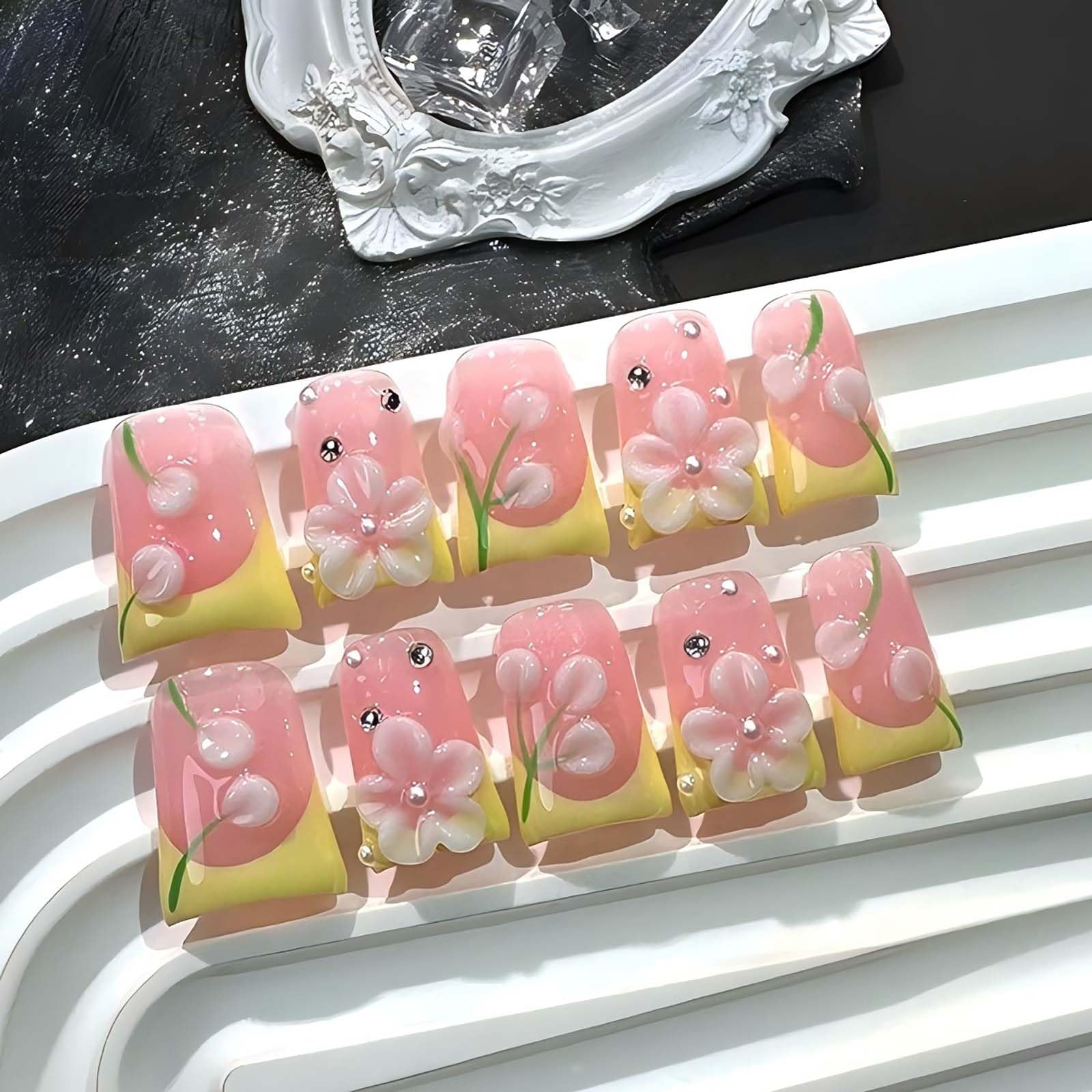 Gleamrain Pink Press On Nails – Handmade Duck Glue-On, Yellow French Tip, 3D Floral Design | 10pc, Size M