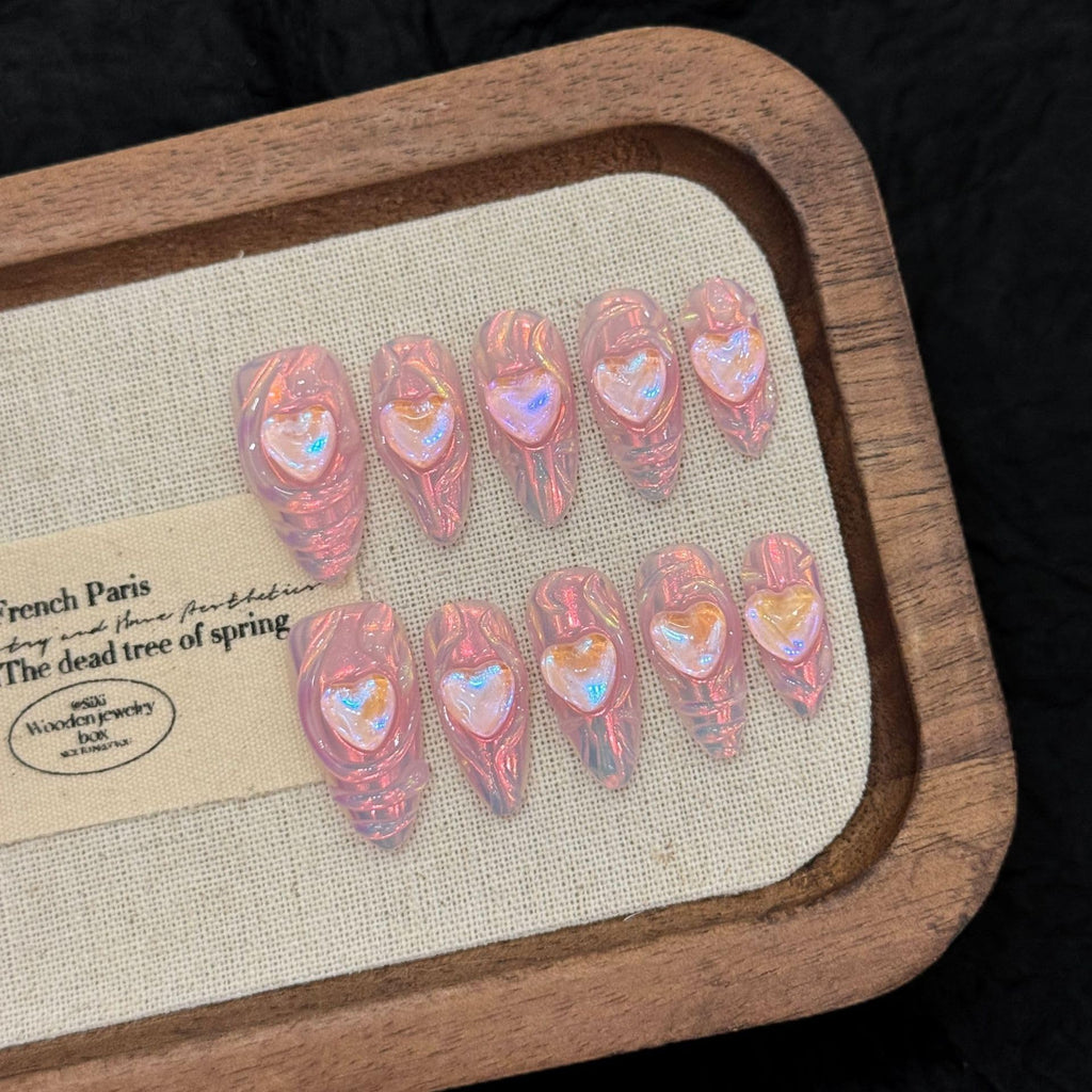 Gleamrain Handmade Press-On Nails – Pink Almond Shape (M), Heart Design, 10 Pcs