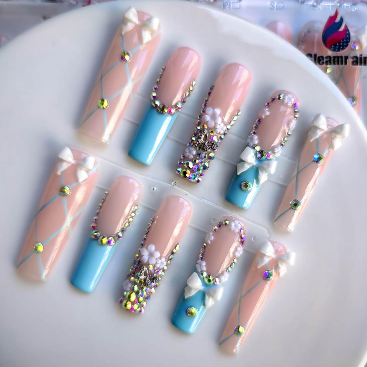 Gleamrain XL Long Press-On Nails – Handmade Square Nails with Floral Pattern, 10pcs, Size M (1102)