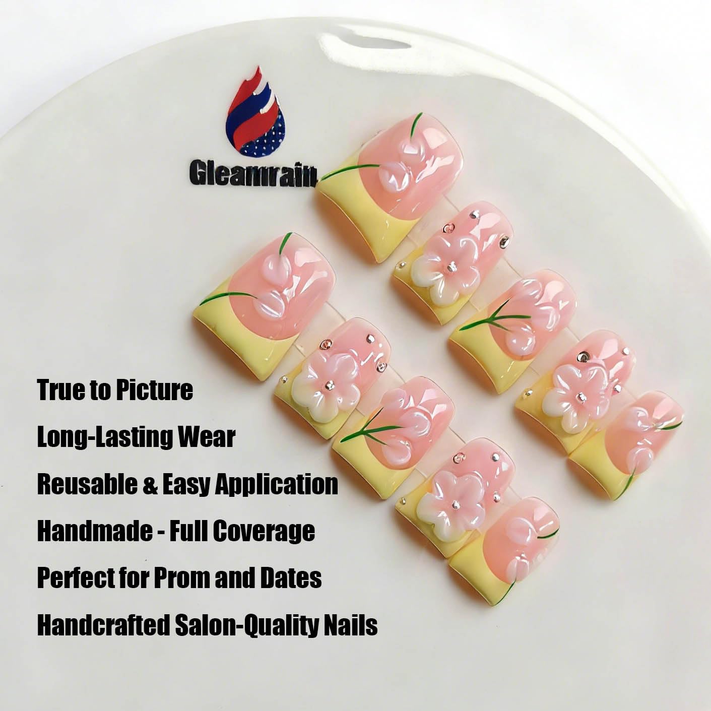 Gleamrain Pink Press On Nails – Handmade Duck Glue-On, Yellow French Tip, 3D Floral Design | 10pc, Size M