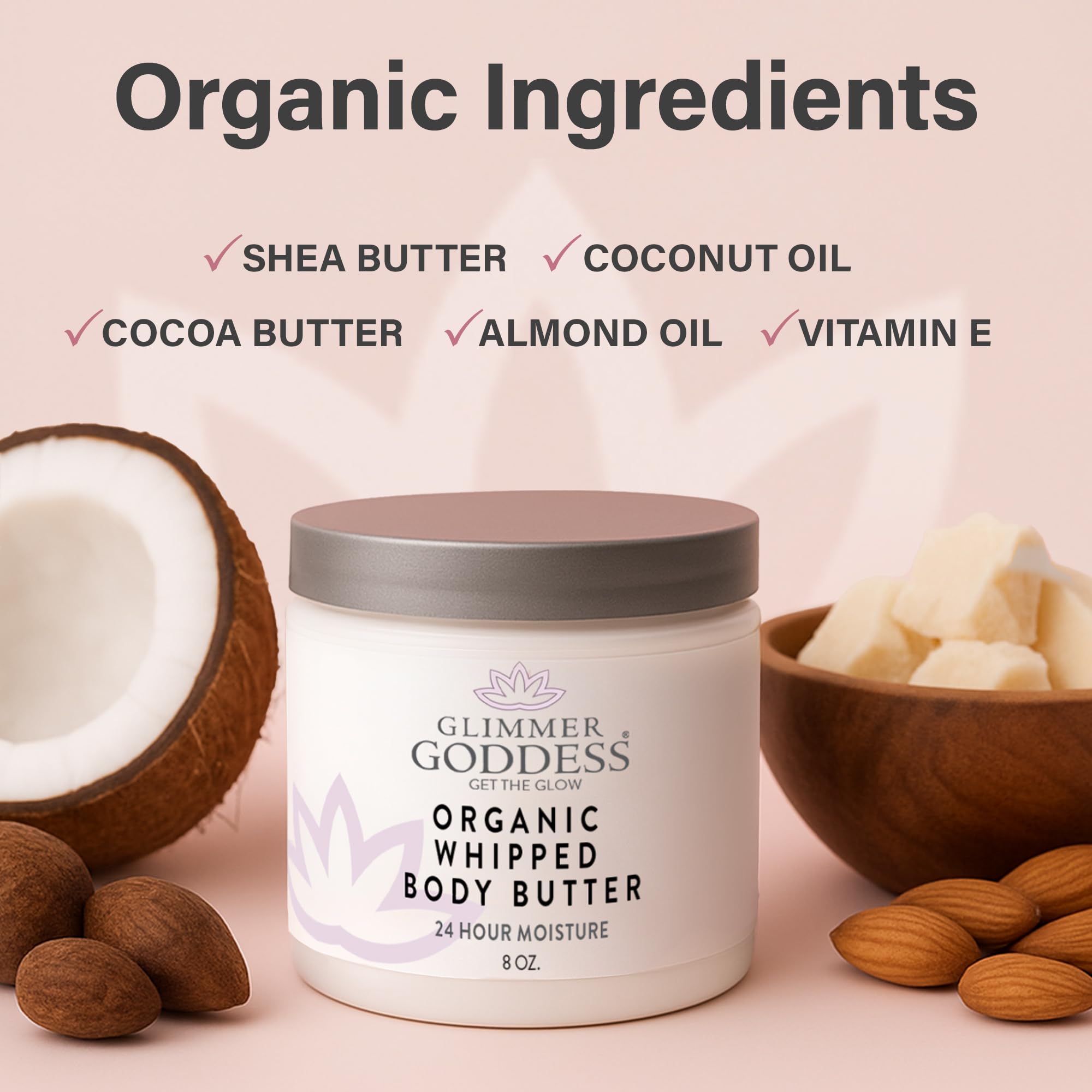GLIMMER GODDESS Organic Whipped Body Butter – Hydrating Shea & Cocoa Butter Moisturizer with Almond & Coconut Oil, Honeysuckle, 8oz