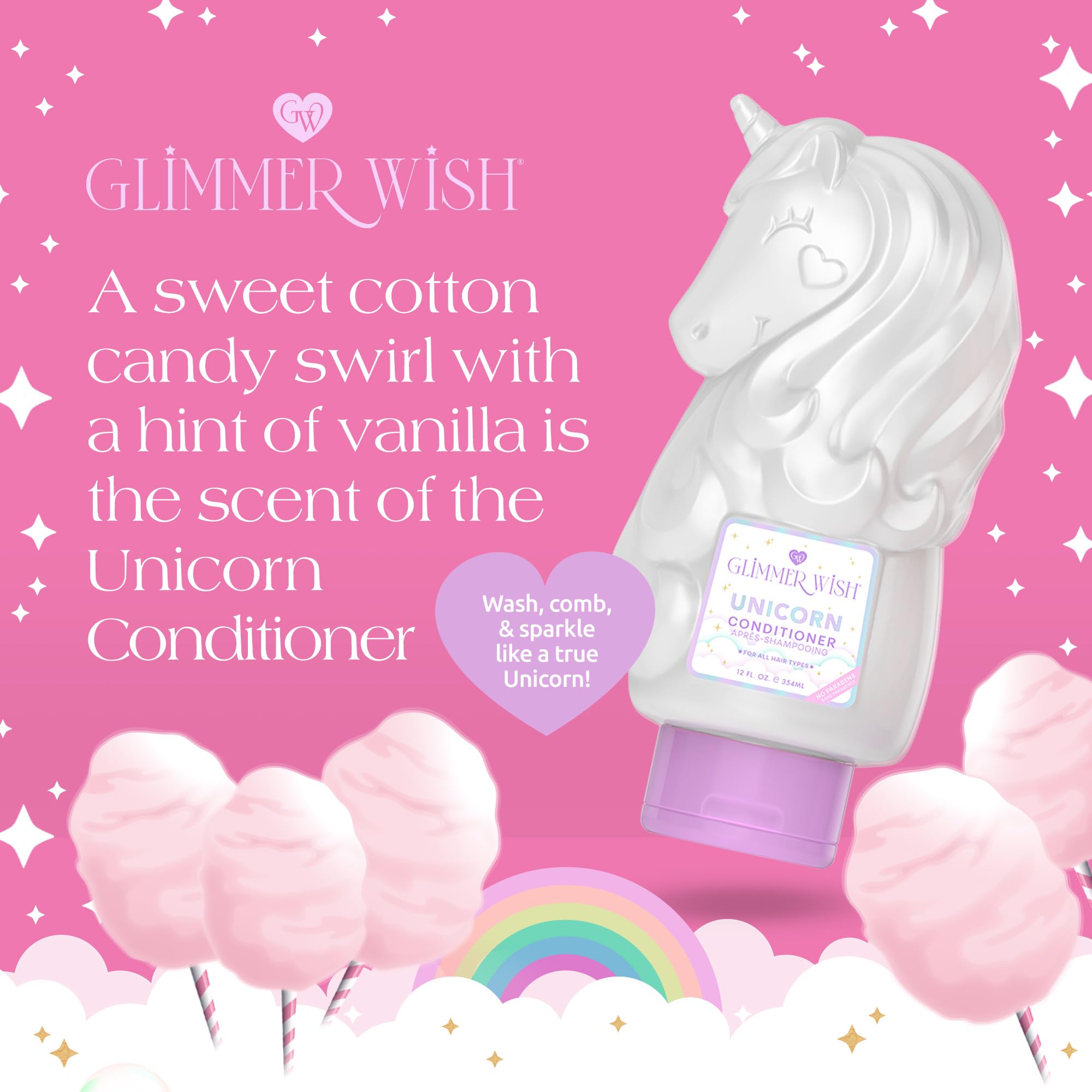 Glimmer Wish Unicorn Kids Conditioner – Paraben & Sulfate Free, Cotton Candy Scent, 12 Fl Oz