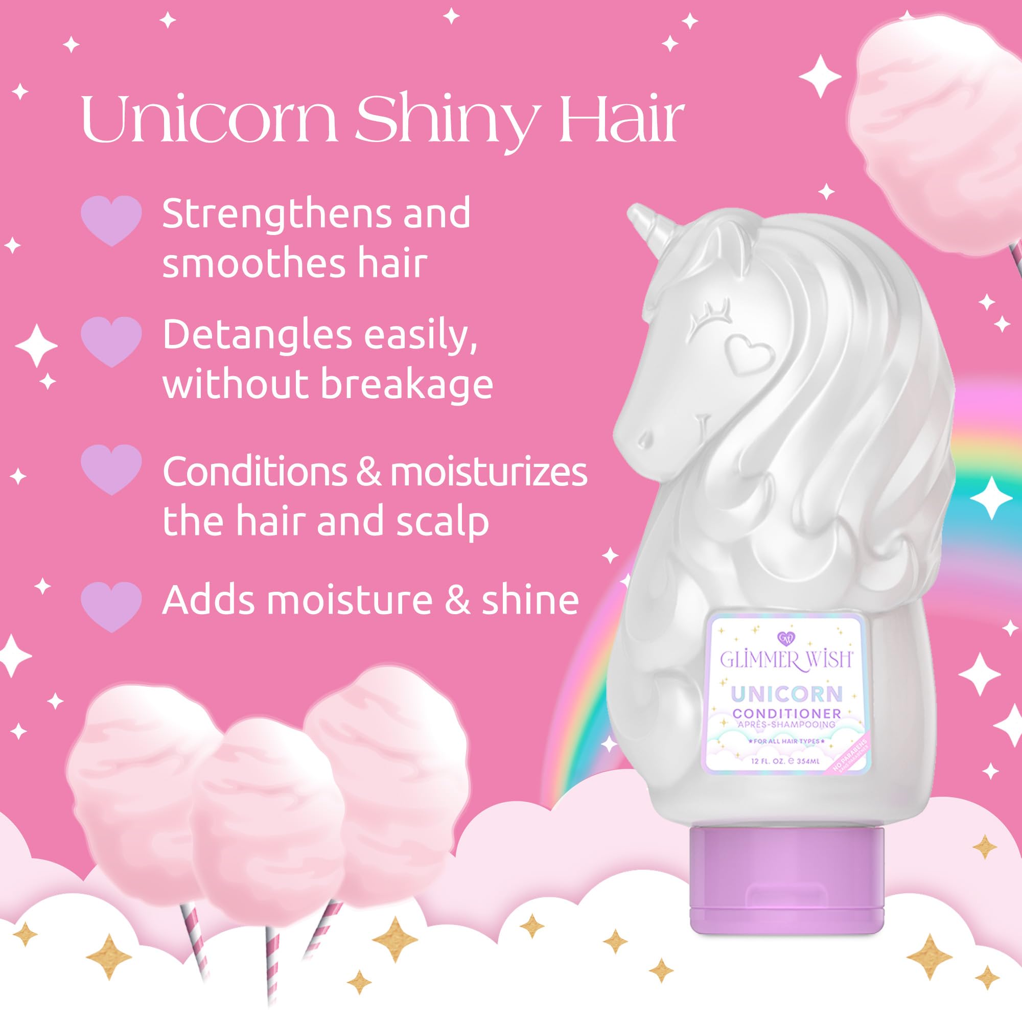 Glimmer Wish Unicorn Kids Conditioner – Paraben & Sulfate Free, Cotton Candy Scent, 12 Fl Oz