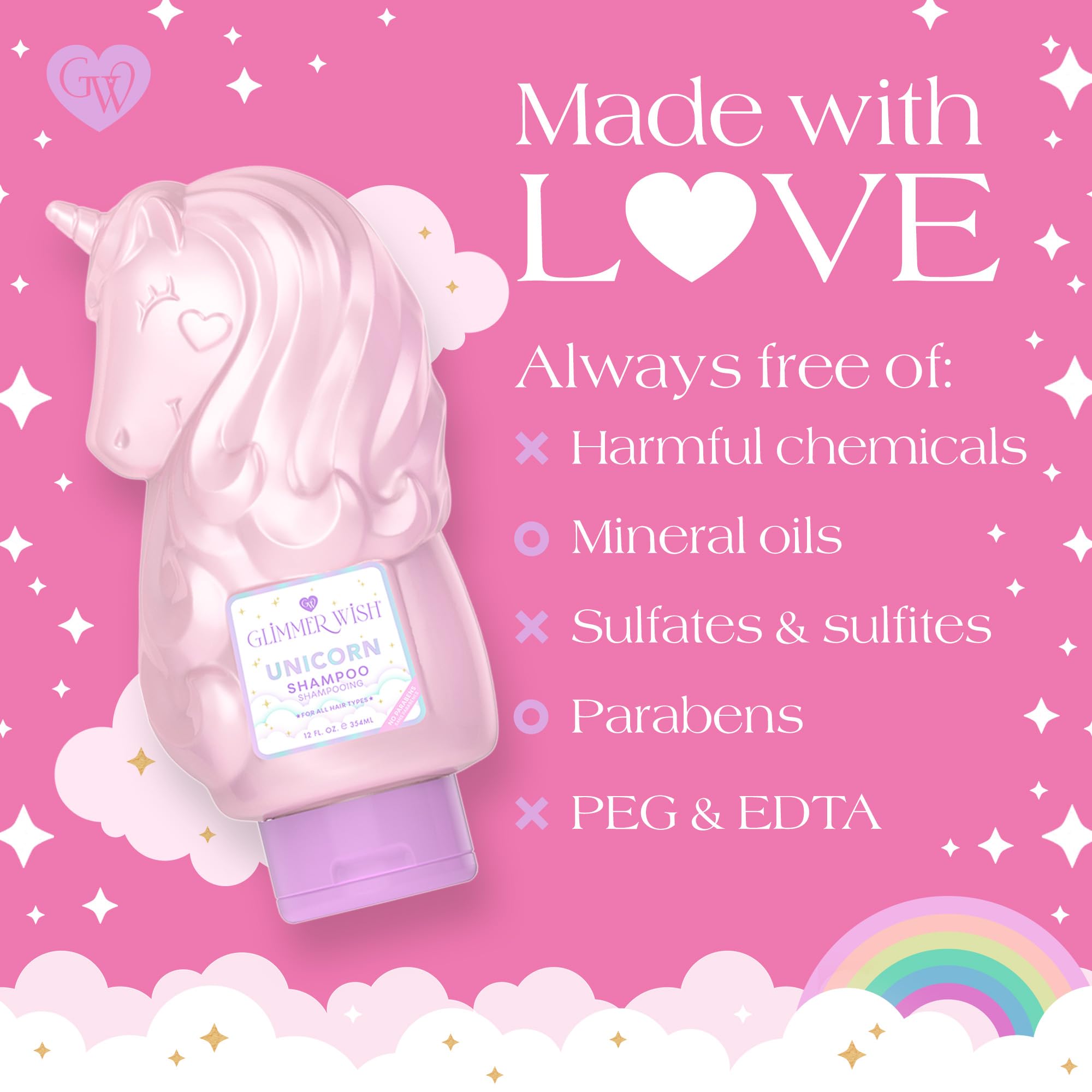 Glimmer Wish Unicorn Kids Shampoo – Sulfate Free, Paraben Free, Cotton Candy Scent, 12 oz