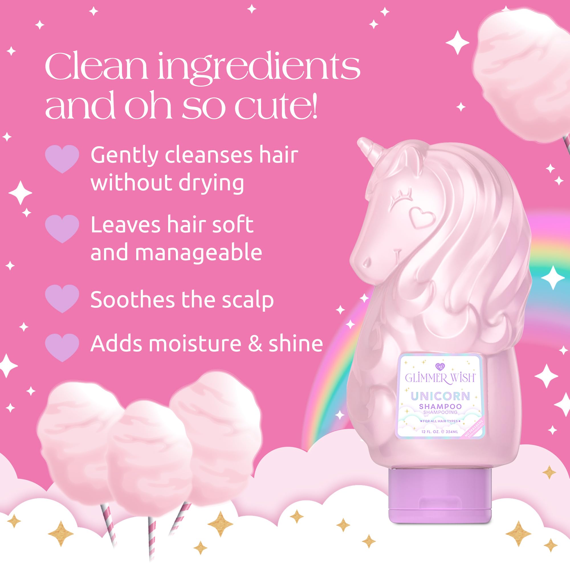 Glimmer Wish Unicorn Kids Shampoo – Sulfate Free, Paraben Free, Cotton Candy Scent, 12 oz