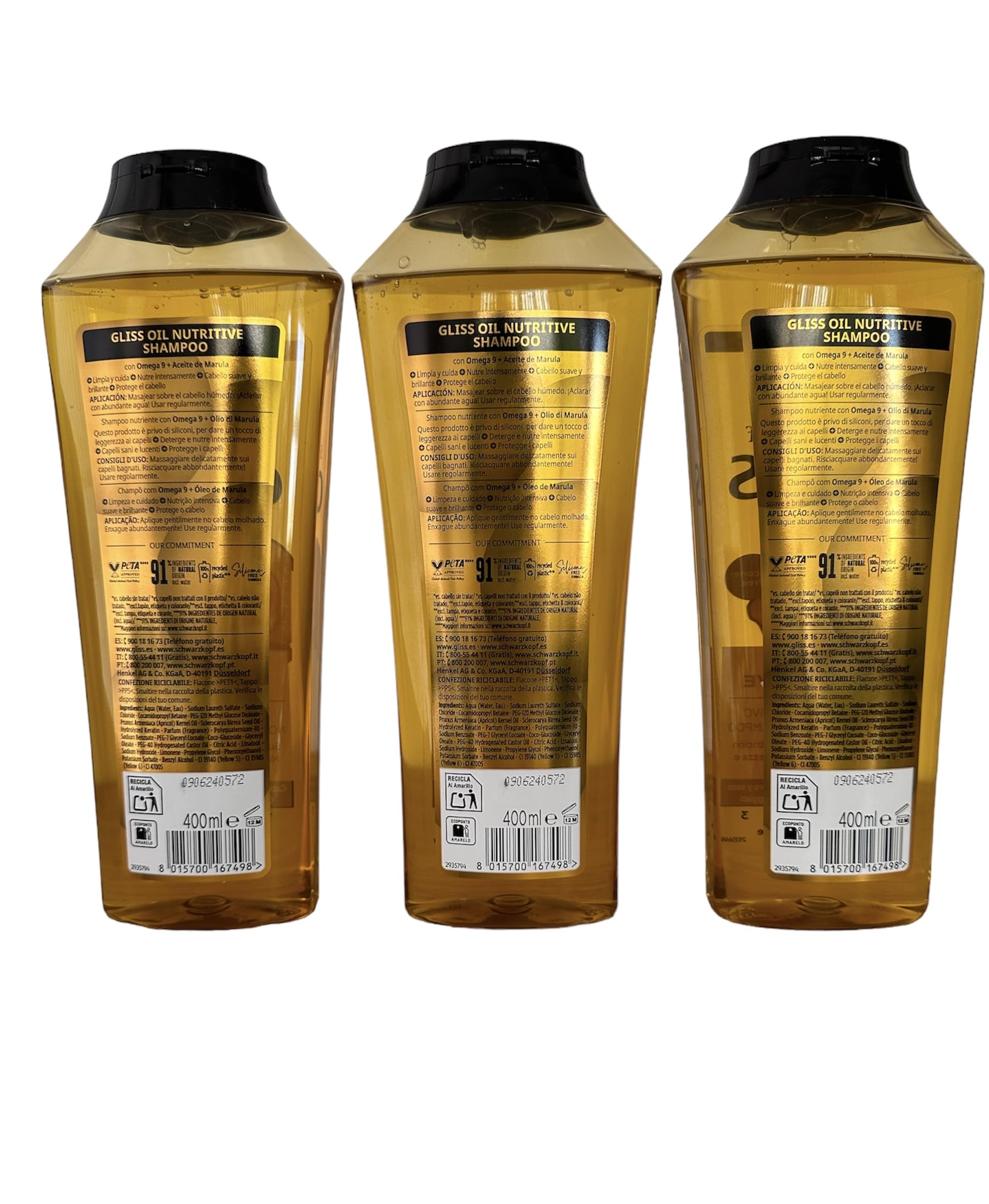 GLISS Hair Repair Shampoo, Oil Nutritive for Longer Hair Prone to Split Ends – 3 x 13.6 oz Bottles