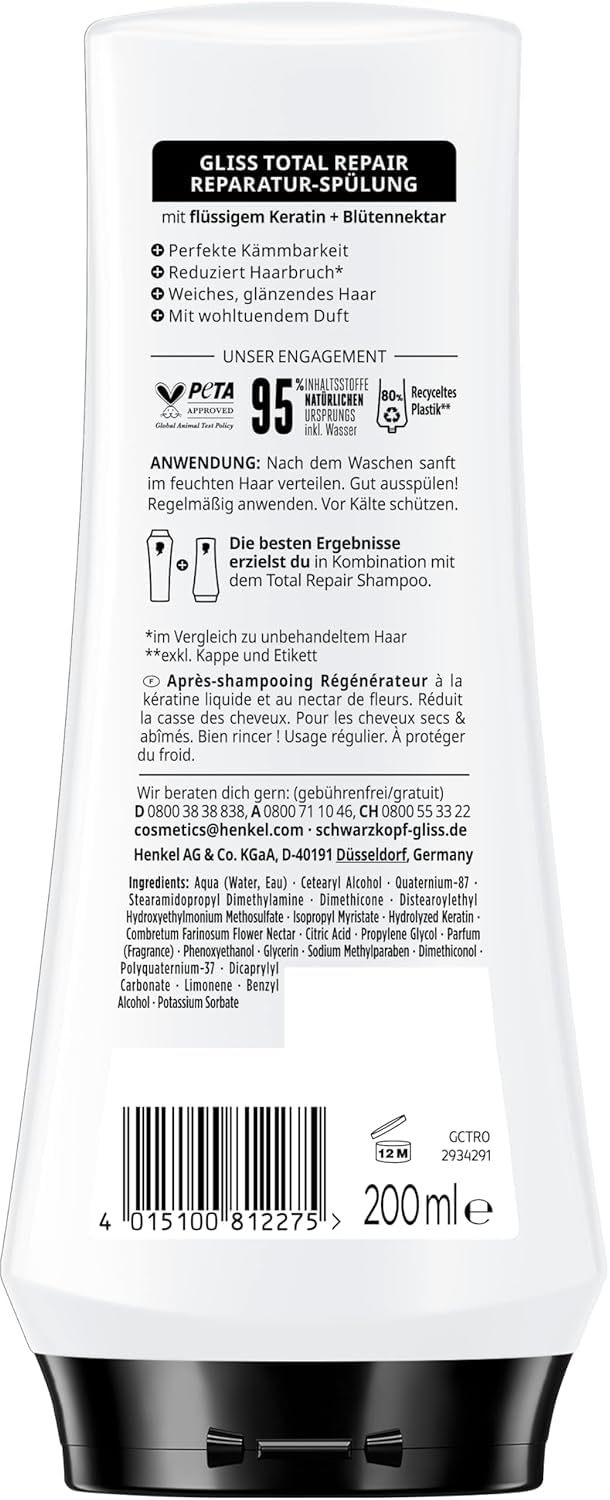Gliss Total Repair Conditioner with Keratin — Up to 90% Less Hair Breakage | 200 ml