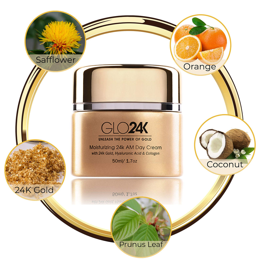 GLO24K Moisturizing 24k Gold Day & Night Creams — Hydration Duo with Hyaluronic Acid, Collagen, Retinol