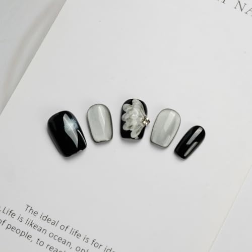 GLORS Press On Nails - Black & Silver, Short Square, Dandelion Wing Pattern (10 Pcs, SS)