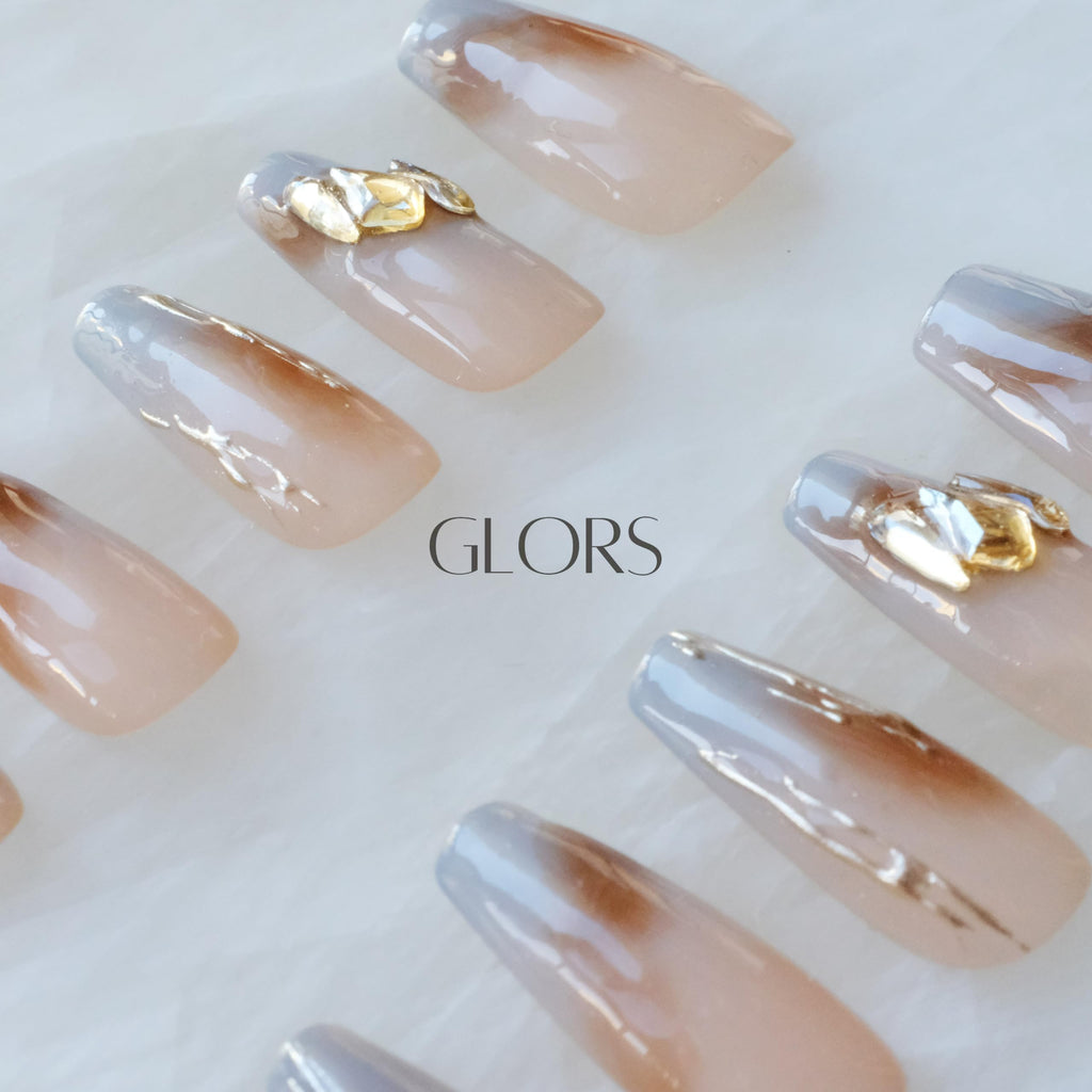 GLORS Ombre Press On Nails – Long Ballerina Nude to Gray with Gold Accents (10-Piece, Large LB)