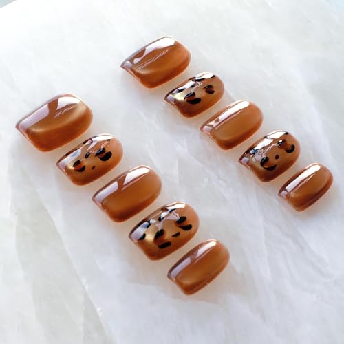 [GLORS] Caramel Leopard Glitter Cat Eye False Nail Press-Ons - Premium Fall Winter Style, Short Square Shape, 10 Pieces (XS, SS)