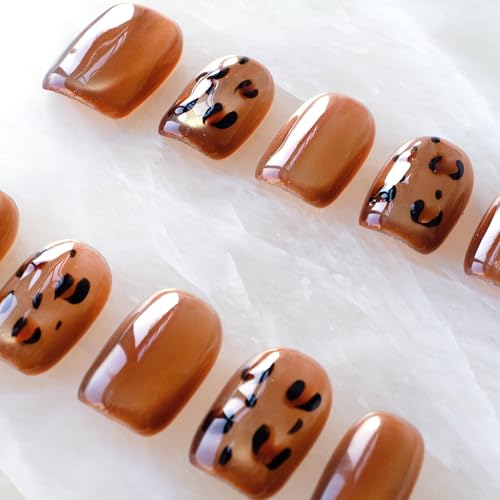 [GLORS] Caramel Leopard Glitter Cat Eye False Nail Press-Ons - Premium Fall Winter Style, Short Square Shape, 10 Pieces (XS, SS)