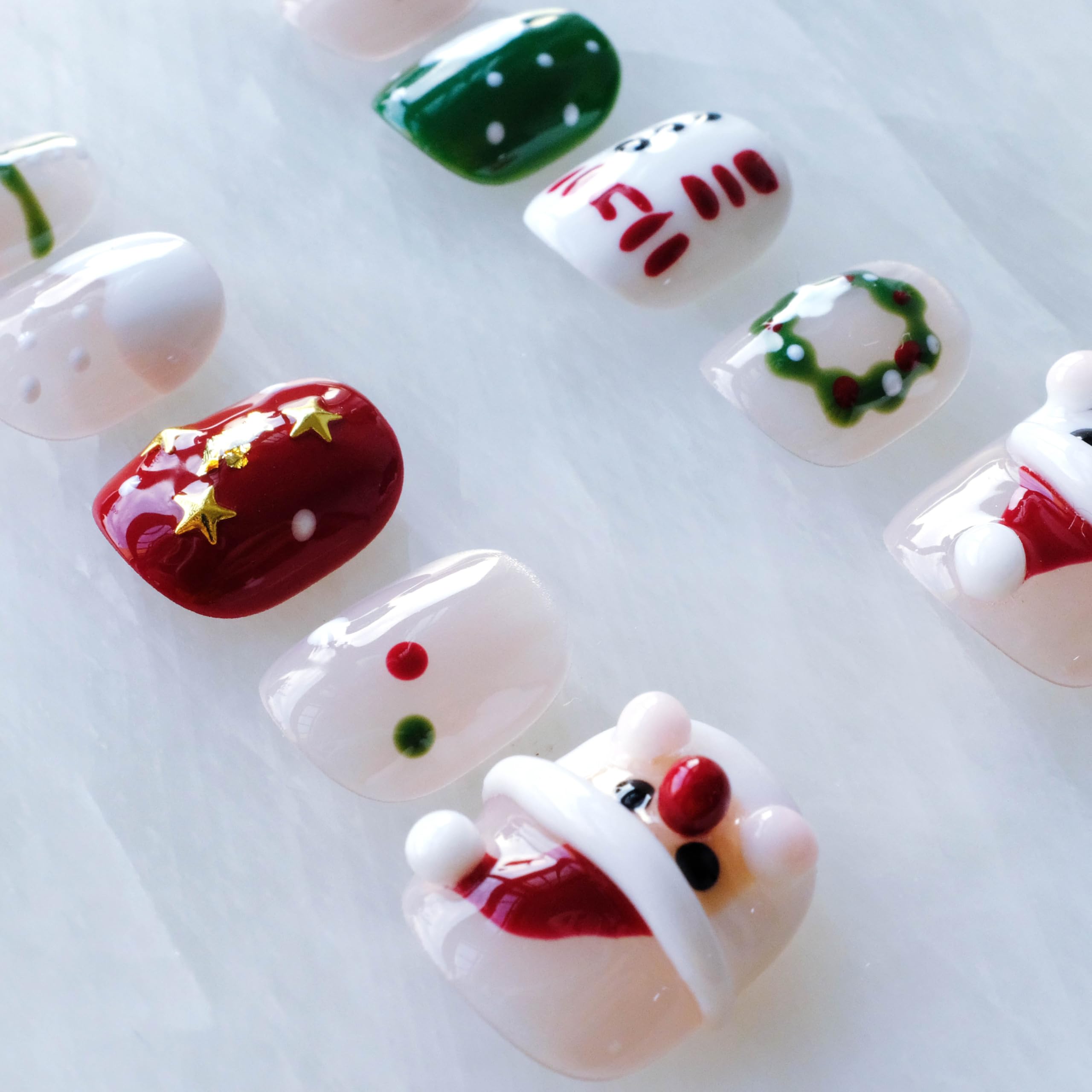 GLORS Christmas Press-On Nails – Short Square 3D Santa & Snowman Set (10 Pieces)