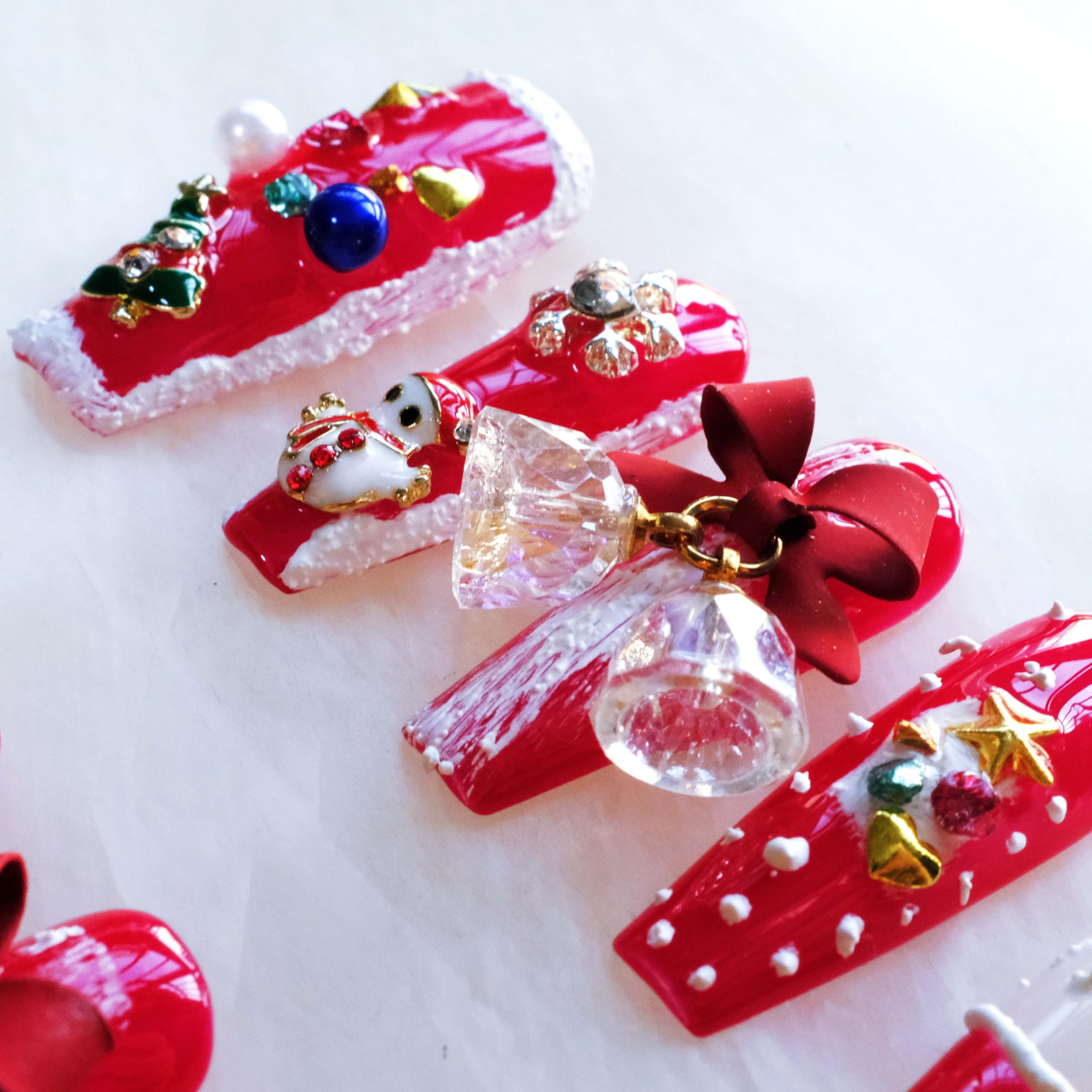 GLORS Christmas Press-On Nails – Long Ballerina Shape, Red & White Snowman Design, 10 Pcs (Small, LS)