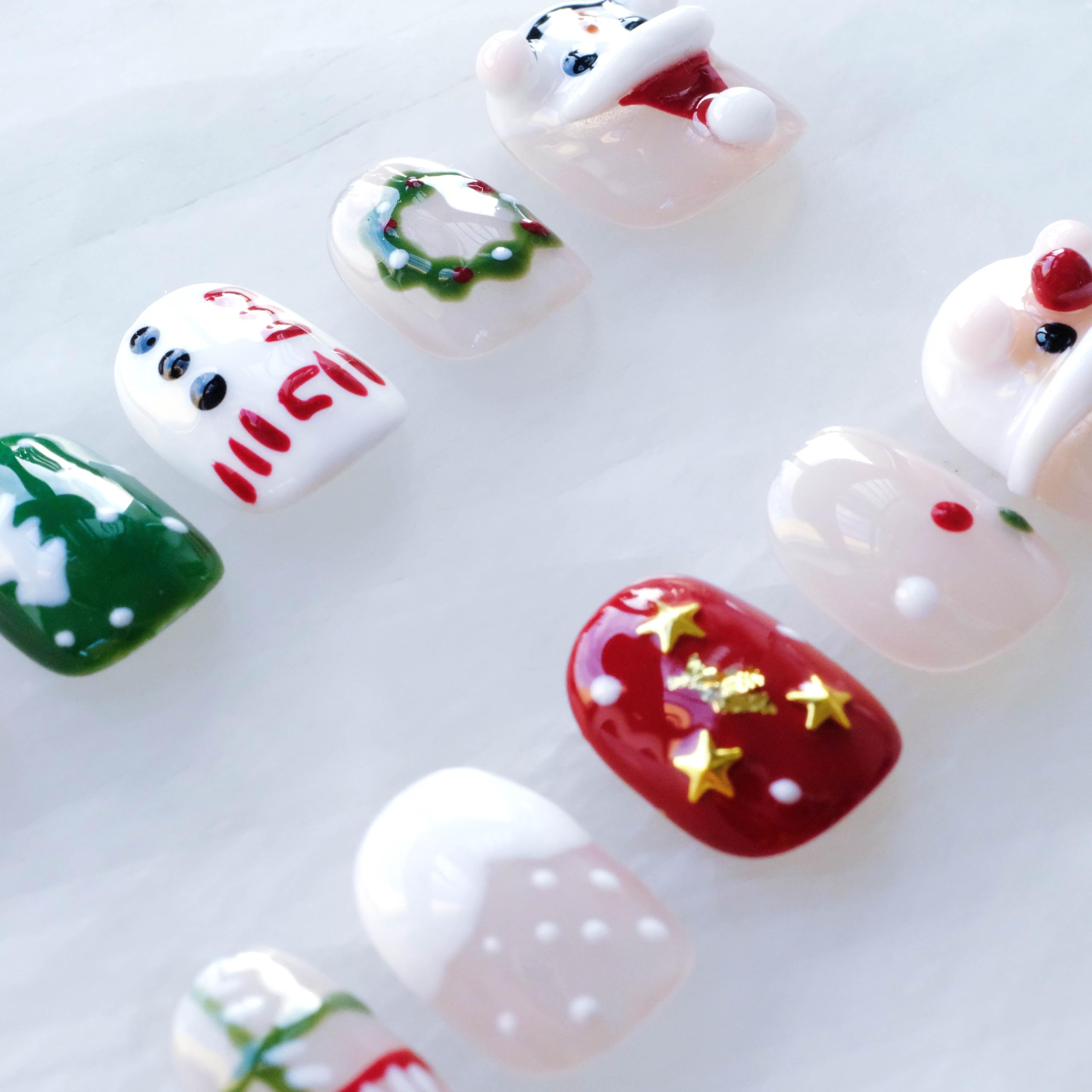 GLORS Christmas Press-On Nails – Short Square 3D Santa & Snowman Set (10 Pieces)