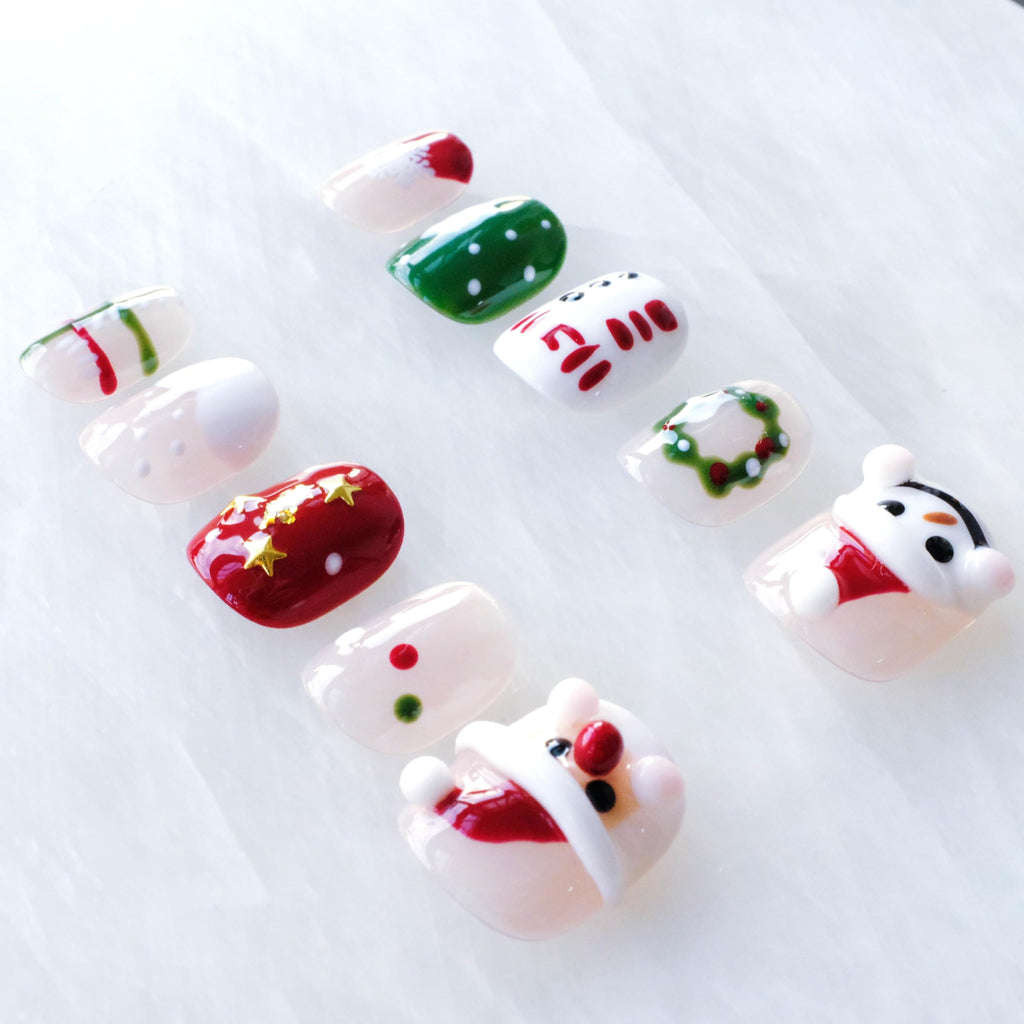 GLORS Christmas Press-On Nails – Short Square 3D Festive Set with Santa & Snowman (10 Pieces, XS/SS)