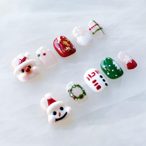 GLORS Christmas Press-On Nails – Short Square 3D Santa & Snowman Set (10 Pieces)