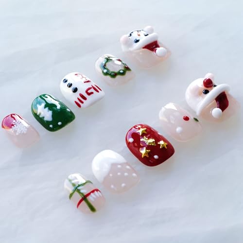 GLORS Christmas Press-On Nails – Short Square 3D Festive Set with Santa & Snowman (10 Pieces, XS/SS)