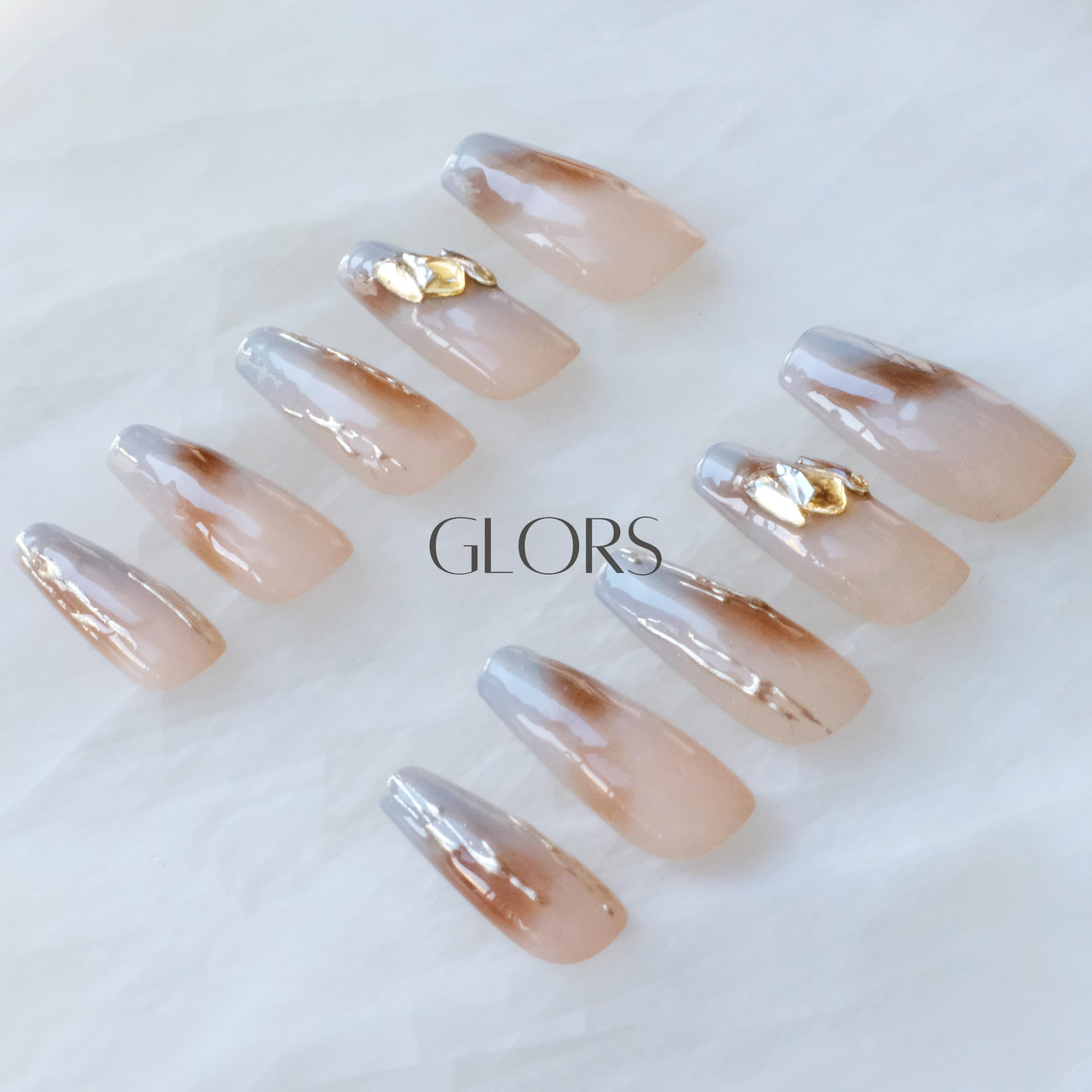 GLORS Ombre Press On Nails – Long Ballerina Nude to Gray with Gold Accents (10-Piece, Large LB)