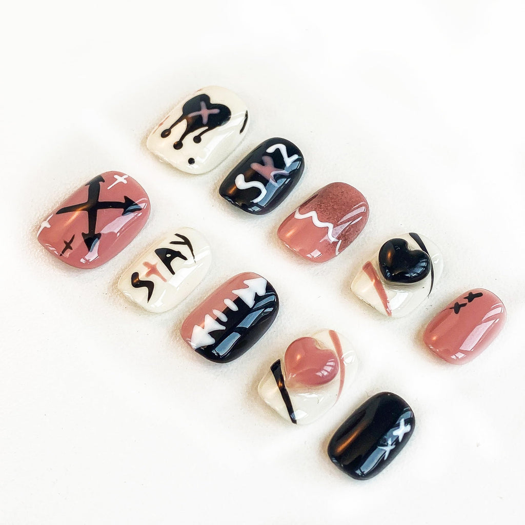 GLORS Doodle Graffiti Nail Stickers – Black & Pink for Short Square Nails (XS/SS)