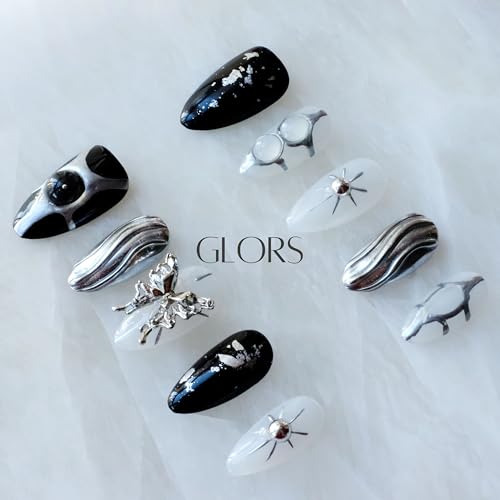 GLORS Gothic Long Almond Press-On Nails – Black & Silver with Butterfly Accent (10 Pieces)